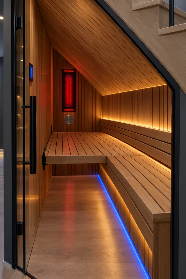 Space Saver™ Under-Stair · Fold-Down Deck — NexGen Sauna
