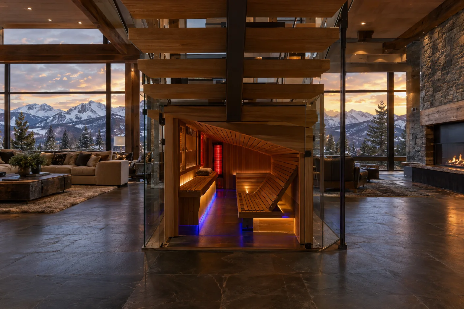 Glass-sided under-stair sauna beneath a center staircase in a Colorado mountain home with snowy peaks through the windows